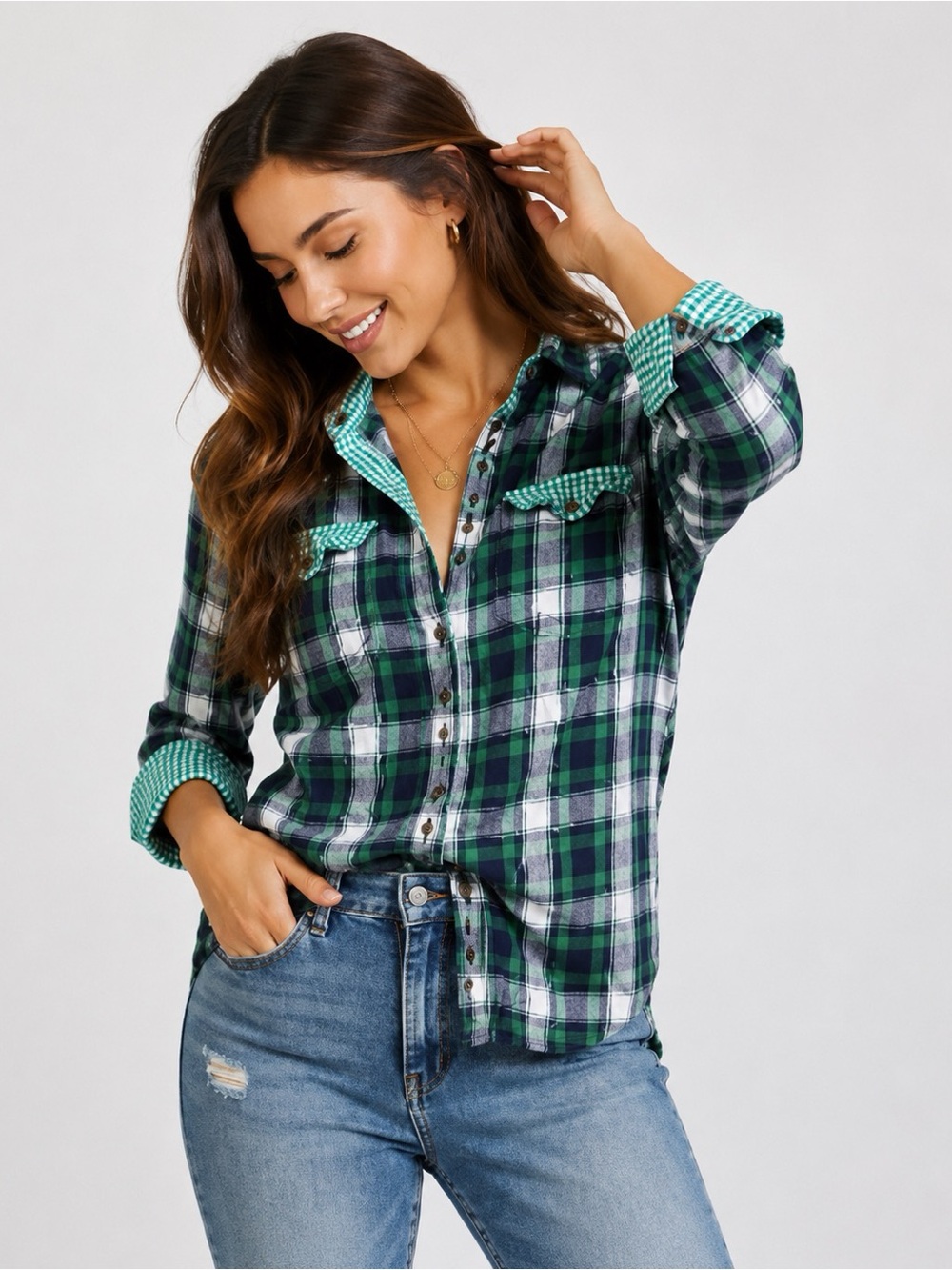 Abercrombie & Fitch Plaid Button Front Shirt Green Blue 100% Cotton Women Size M